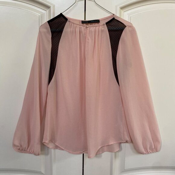 Zara Blouse Chiffon Light Pink Balloon Sleeves Sheer Lace Paneling Womens Small - Picture 2 of 7